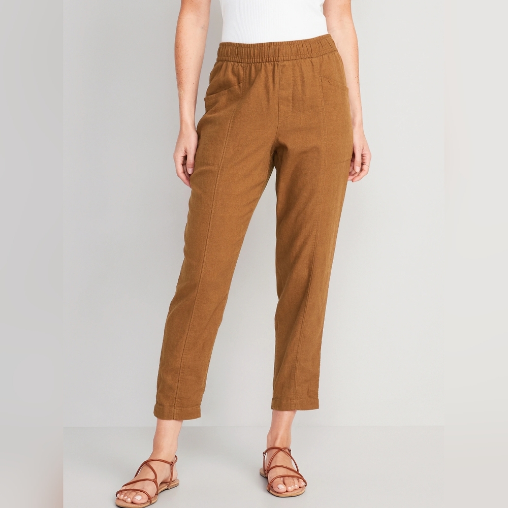 High-Waisted Cropped Linen-Blend Tapered Pants
